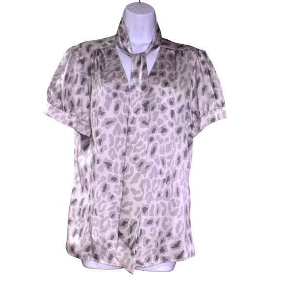 INC Silk Leopard Print Blouse Sz 14 L Gray Silver Button Up Chic Animal Print - Picture 1 of 16
